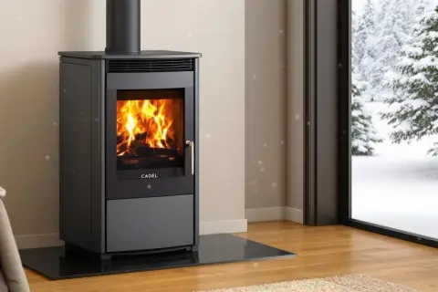 Poêle à bois Cadel en feu, avec une vue sur un paysage enneigé. L'alarme pressostat assure un fonctionnement sûr.