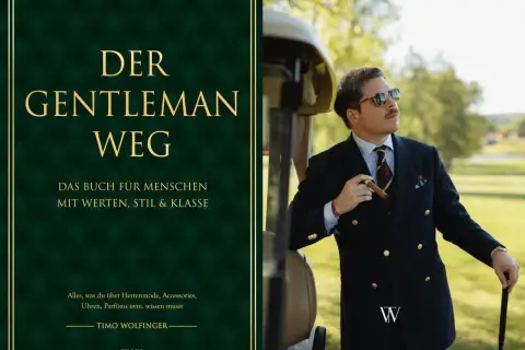 Ein Mann mit Zigarre und Golfschläger verkörpert gentlemanlike verhalten. Daneben das Buch "Der Gentleman Weg" über Stil und Klasse.