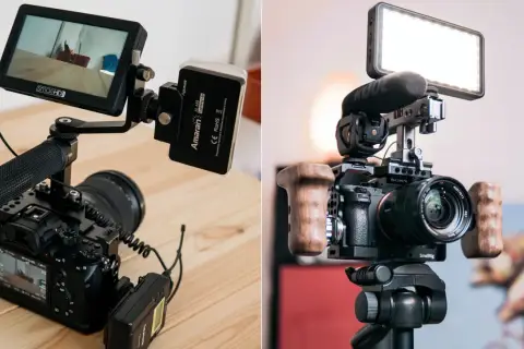 Zestaw do streamowania: kamera Sony, monitor SmallHD, mikrofon RODE i lampa LED. Idealna jaka kamera do streamowania.