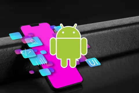 Jak otworzyć plik zip na telefonie z Androidem? Ikony aplikacji i logo Androida unoszą się nad ekranem smartfona.