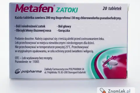 Metafen Zatoki, lek na ból i niedrożność zatok, ból głowy i gorączkę. Opakowanie 20 tabletek.