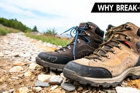 Two hiking boots sit on a rocky trail, ready for an adventure. A perfect hiking fit ensures comfort and support on any terrain.