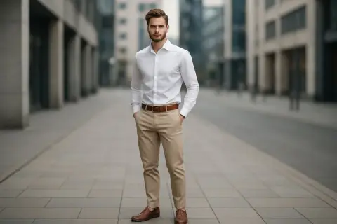 Elegancki mężczyzna w białej koszuli i beżowych spodniach, idealny przykład, jaka koszula do beżowych spodni.