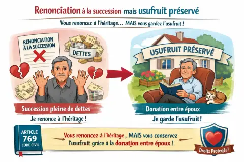 Un homme renonce à une succession pleine de dettes, mais grâce à une donation entre époux, il conserve l'usufruit et lit paisiblement avec son chat.