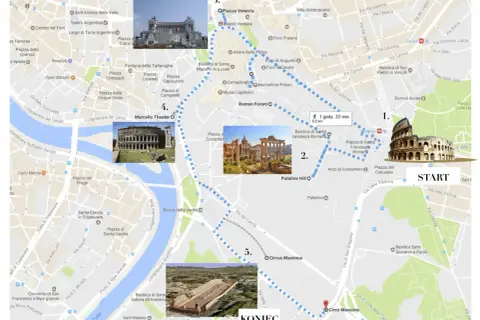 Plan na **rzym w 3 dni**: trasa od Koloseum (1) przez Forum Romanum (2), Piazza Venezia (3), Teatr Marcellusa (4) do Circus Maximus (5).