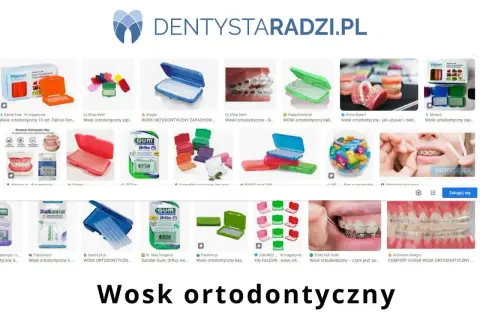 Różne rodzaje wosku na aparat ortodontyczny, w tym opakowania i przykłady użycia.