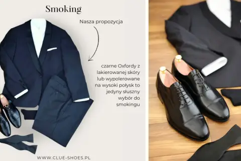 Elegancki smoking z białą koszulą, czarną muszką i czarnymi, lakierowanymi oksfordami. Idealne buty do smokingu.