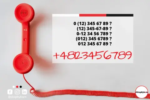Czerwona słuchawka telefonu i lista numerów, w tym kierunkowy 58.