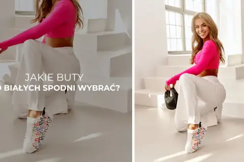 Kobieta w białych spodniach i różowym topie prezentuje białe sneakersy z kolorowymi serduszkami. Idealne pytanie: jakie buty do białych spodni wybrać?