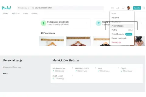 Ustawienia profilu na Vinted, w tym Personalizacja i lista obserwowanych marek.