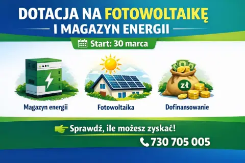 Ilustracja przedstawia magazyn energii, dom z fotowoltaiką i worek pieniędzy.