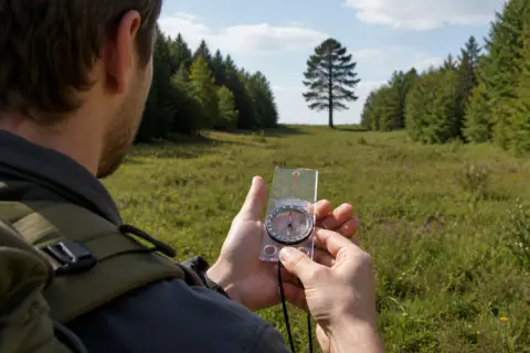 Mężczyzna sprawdza azymut na kompasie, przygotowując się do wędrówki przez łąkę w kierunku lasu.