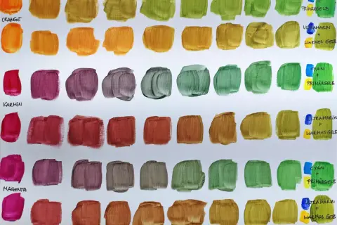 Farbpaletten zeigen, wie man aus verschiedenen Farben Rot mischt. Orange, Karmin und Magenta sind die Grundfarben.