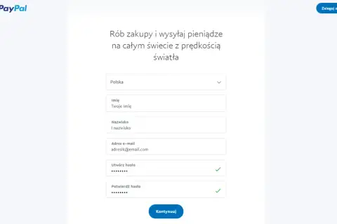 Formularz rejestracyjny PayPal. Wpisz dane: kraj, imię, nazwisko, e-mail, hasło. Dowiedz się, jak założyć PayPal.