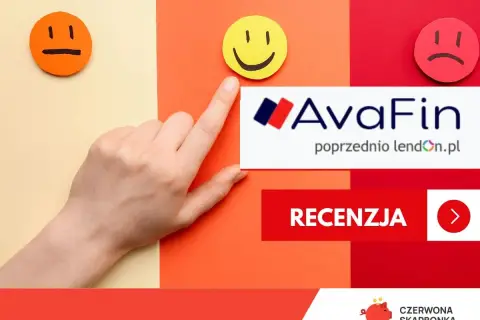 Ręka wybiera uśmiechniętą buźkę, obok logo AvaFin (dawniej lendon.pl) i napis "Recenzja".