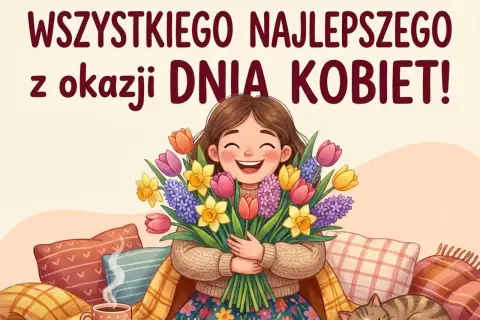 Wesołe życzenia na Dzień Kobiet dla koleżanki! Uśmiechnięta dziewczyna z bukietem wiosennych kwiatów, kotek i kubek gorącej czekolady.