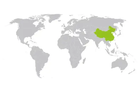 Mapa świata z zaznaczonym na zielono krajem. To Chiny, cel Twojej paczki do Chin.