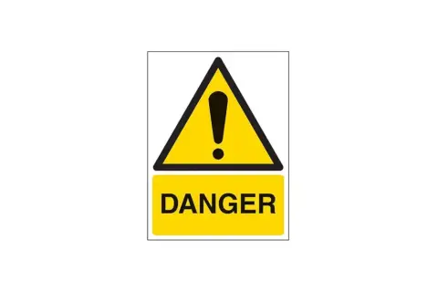 Żółty trójkąt z wykrzyknikiem i napis DANGER. To ostrzeżenie, że coś może być niebezpieczne.