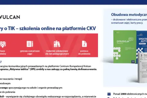 Logo eduSens LAB VULCAN, ikony: szkolenia, baza wiedzy, scenariusze, materiały, pomoc. Obok książki: DYSLEKSJA, SPEKTRUM AUTYZMU, MATŚWIAT.