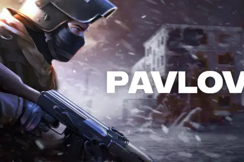Żołnierz w hełmie i masce z karabinem w ręku, na tle zniszczonego miasta. Napis PAVLOV.