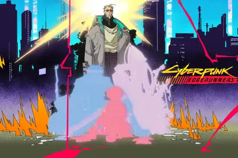Postapokaliptyczna wizja miasta z **Cyberpunk Edgerunners 2**. Postacie w neonowych barwach, płomienie i sylwetki budynków.