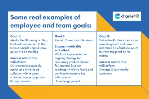 Examples of employee and team goals: Goal 1: Mental Health survey & unpaid leave policy. Goal 2: Recruit users for interviews. Goal 3: Define revenue growth metrics.