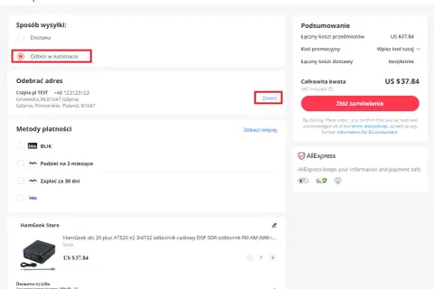 Zamówienie z AliExpress z opcją odbioru w automacie. Wybrano odbiór w paczkomacie.