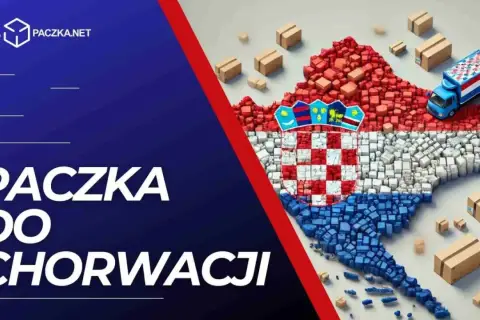Mapa Chorwacji ułożona z paczek, z ciężarówką i mniejszymi przesyłkami. Twoja paczka do Chorwacji dotrze szybko i bezpiecznie.