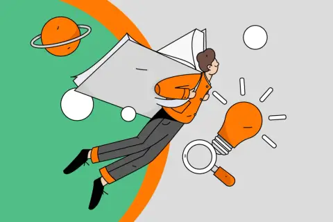 Ilustracja mężczyzny lecącego z książką, żarówką i lupą.