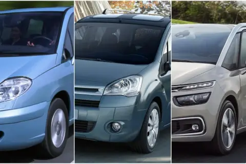 Trzy generacje Citroena 7 osobowego: błękitny minivan z kobietą za kierownicą, grafitowy z panoramicznym dachem i srebrny z nowoczesnymi światłami.