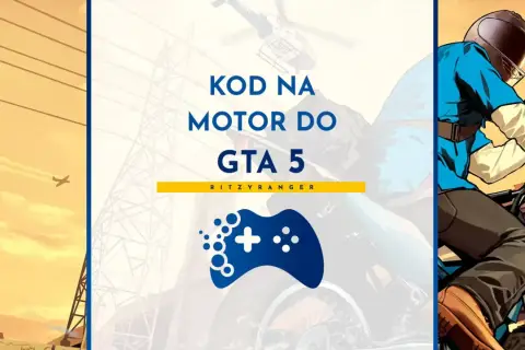 Kod na motor do GTA 5. Postać w kasku jedzie na motocyklu, trzymając broń. W tle helikopter i samolot.
