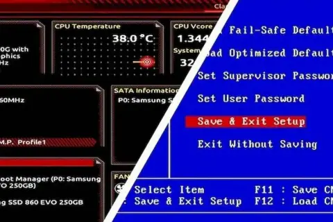 BIOS pokazuje temperaturę CPU 38°C i opcje "Save & Exit Setup" dla bezpiecznego rozruchu.