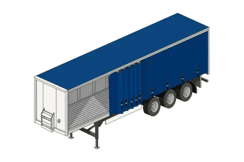 Ein blauer Planen-Auflieger mit geöffneten Seitenplanen, der zeigt, was ein Trailer für den Gütertransport bedeutet.