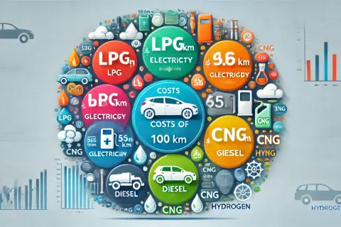 Porównanie kosztów eksploatacji samochodów: diesel, benzyna, LPG, CNG, elektryczne i wodorowe.