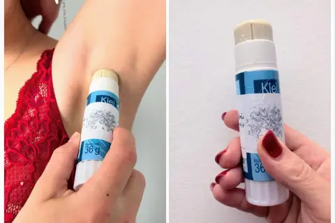Aplikacja domowego antyperspirantu pod pachę. Produkt w sztyfcie, z etykietą "Klei" i grafiką.