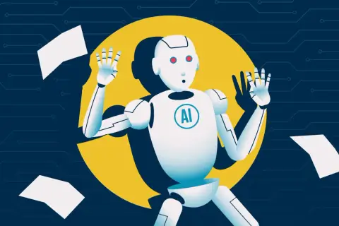 Robot z logo AI, zdezorientowany, z papierami wokół. To jest casus, który pokazuje, co to znaczy być zagubionym w świecie technologii.