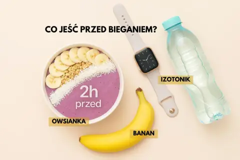 Owsianka, banan i izotonik – kluczowe elementy diety biegacza przed treningiem. Zegarek sugeruje czas.