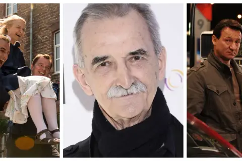 Kadr z życia Marka Koterskiego filmy: śmiech, portret i mężczyzna przy dystrybutorze paliwa.