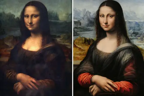 Zwei Darstellungen der Mona Lisa: Links das Original, rechts eine restaurierte Version mit leuchtenderen Farben und klareren Details.