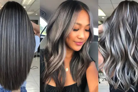 Cabello oscuro con mechas plateadas y grises, un estilo moderno para disimular canas.