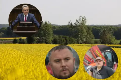 Kto stoi za projektem ustawy o rzeczniku praw rolników i ile to będzie kosztować? Na zdjęciu polityk i dwaj rolnicy na tle kwitnącego rzepaku.