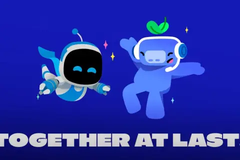 Astro Bot i niebieski stworek z Discorda świętują razem, gotowi na wspólne granie na PS5.