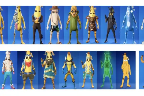 Kolekcja postaci z gry Fortnite, w tym różne wersje Peely'ego, czyli słynnego banana.