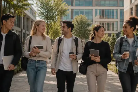 Pięcioro studentów, w tym Azjata, Europejka, mężczyzna o śniadej cerze, Azjatka i Afroamerykanka, idzie razem po kampusie, ciesząc się możliwościami studiów za granicą.