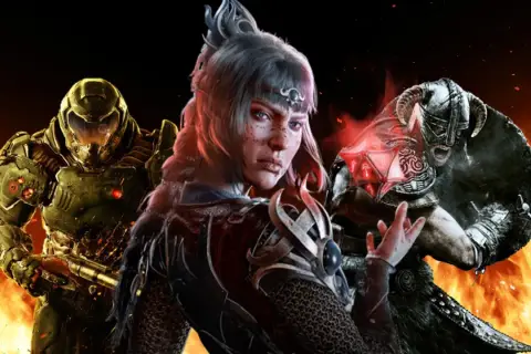 Doom Slayer, wojowniczka i postać ze Skyrima na tle płomieni. Idealni bohaterowie do najlepszych gier offline.