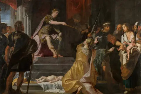 Królowa Saba w dramatycznej scenie z mieczem nad niemowlęciem. Sąd Salomona, gdzie prawda o matce zwycięża.