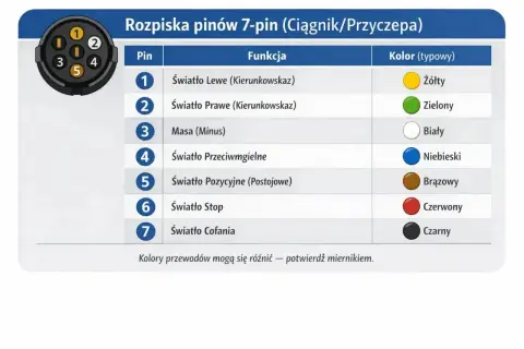 Schemat wtyczki 7 pin: pin 1 - żółty (kierunkowskaz lewy), pin 2 - zielony (kierunkowskaz prawy), pin 3 - biały (masa), pin 4 - niebieski (przeciwmgielne), pin 5 - brązowy (pozycyjne), pin 6 - czerwony (stop), pin 7 - czarny (cofania).