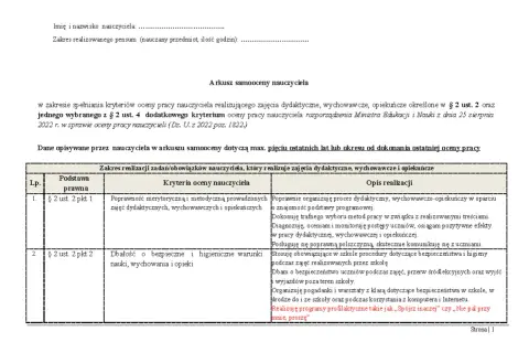 Arkusz samooceny nauczyciela dyplomowanego: przykładowa ocena pracy nauczyciela, kryteria i opis realizacji zadań.