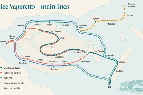 Mapa de rutas del vaporetto en Venecia, mostrando el Gran Canal y líneas a Murano y Burano.