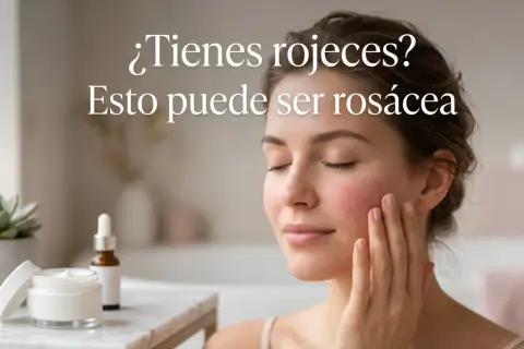 Mujer con mejillas enrojecidas, posible rosacea. Cuidado de la piel con crema y sérum.